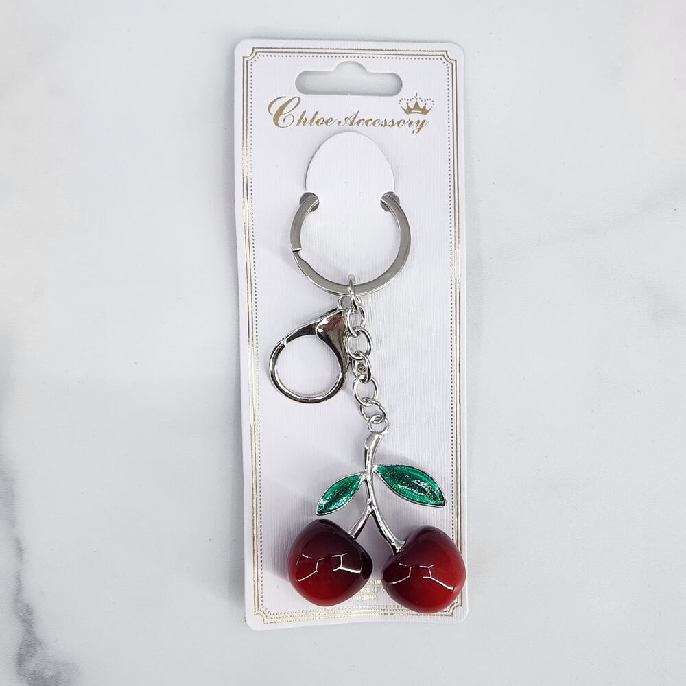 Glossy Red Cherry Keychain with green sparkling leaves bag charm silver hardware